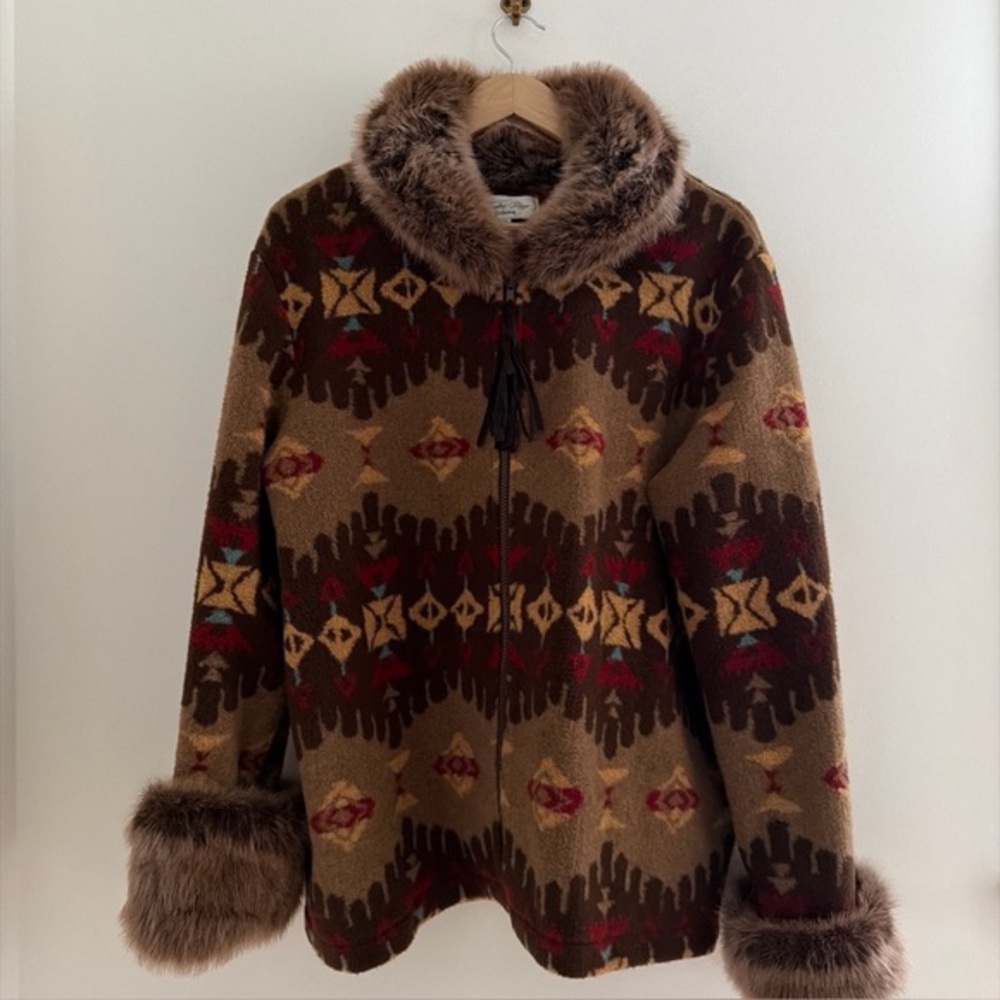 Tasha Polizzi Vintage Saddle Blanket Coat Faux Fur Collar Cuffs XL  Southwest